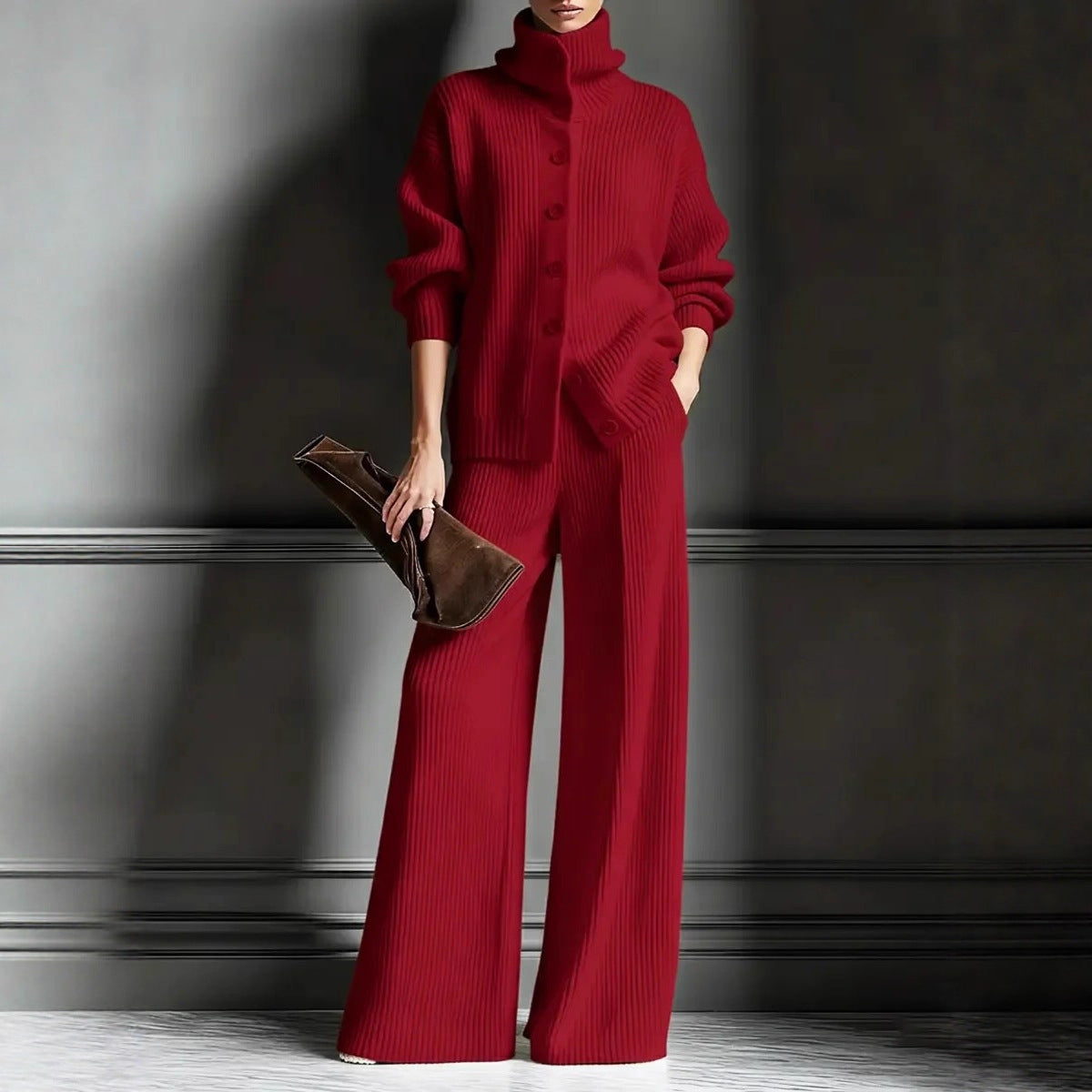 Stylish Womens Casual Knit Turtleneck Wide-Leg Set