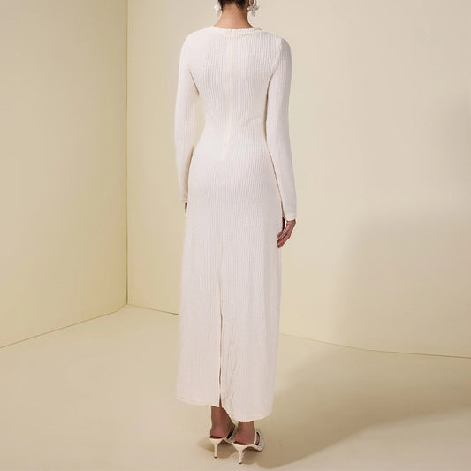 Womens Round-Neck White Lace-Patchwork Ruffled Long Dress