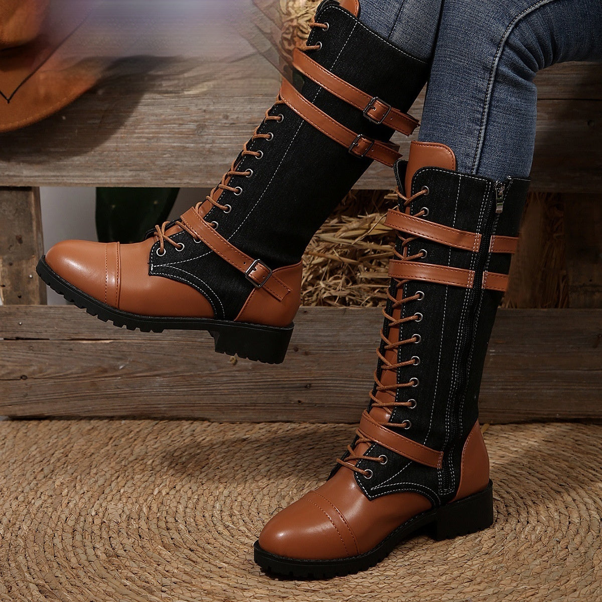 Round Toe Rivet Belt Buckle Square Heel Boots