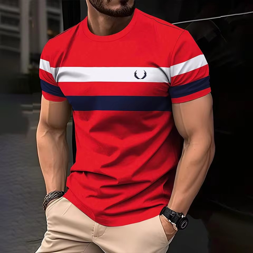 Geometric Contrasting Striped 3D Printed Mens Loose  Breathable Crew Neck T Shirt