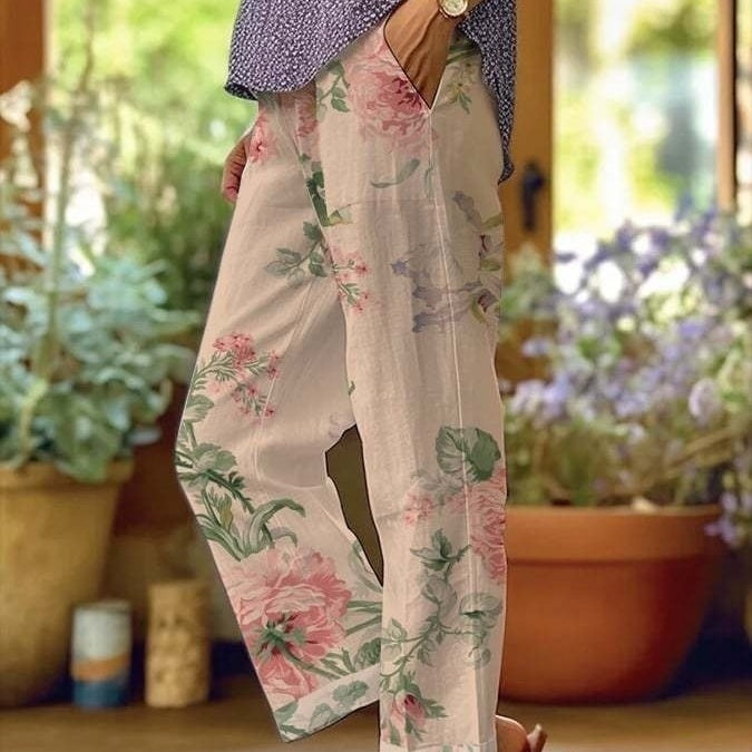 Digital Flower Printing Rag-eared Casual Pants