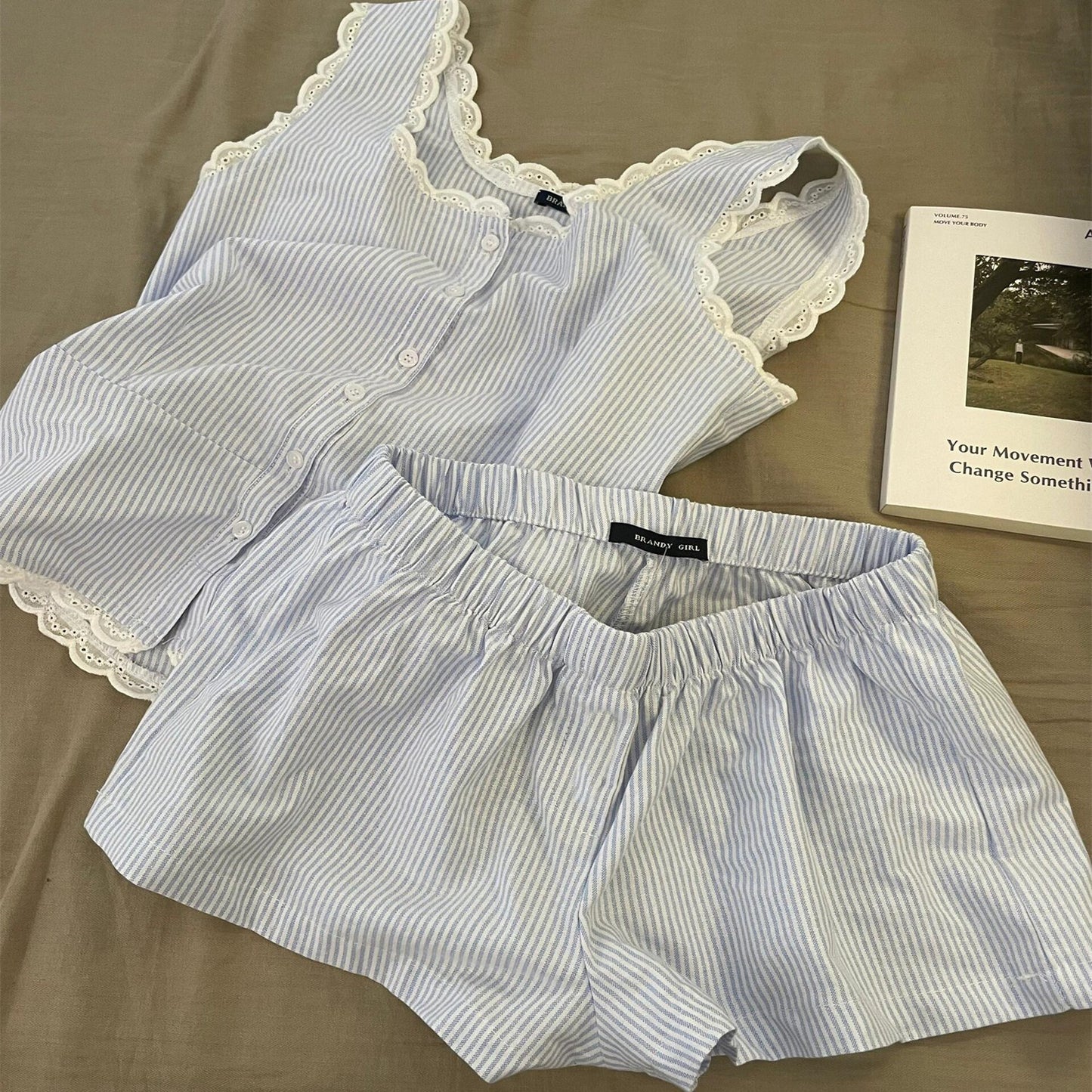 Women's Striped Lace-Trimmed Tank Top And Shorts Set