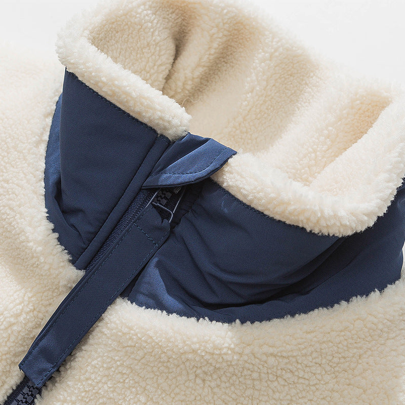 Stand Collar Milky White Lamb Wool Cotton Coat Men