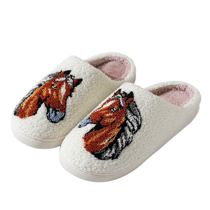 Comfortable Home Warm Cartoon Embroidery Horse Head Cotton Slippers