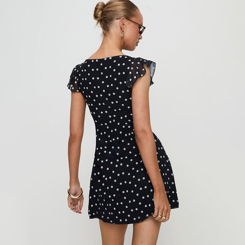 French-style Sexy Off-shoulder Polka-dot Contrast-color Waist-cinched Dress For Women