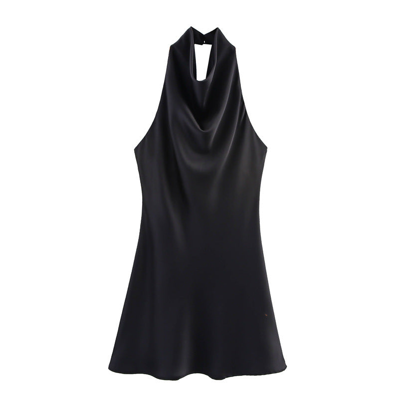 Silk Satin Hanging Collar Spaghetti Straps Sleeveless Dress