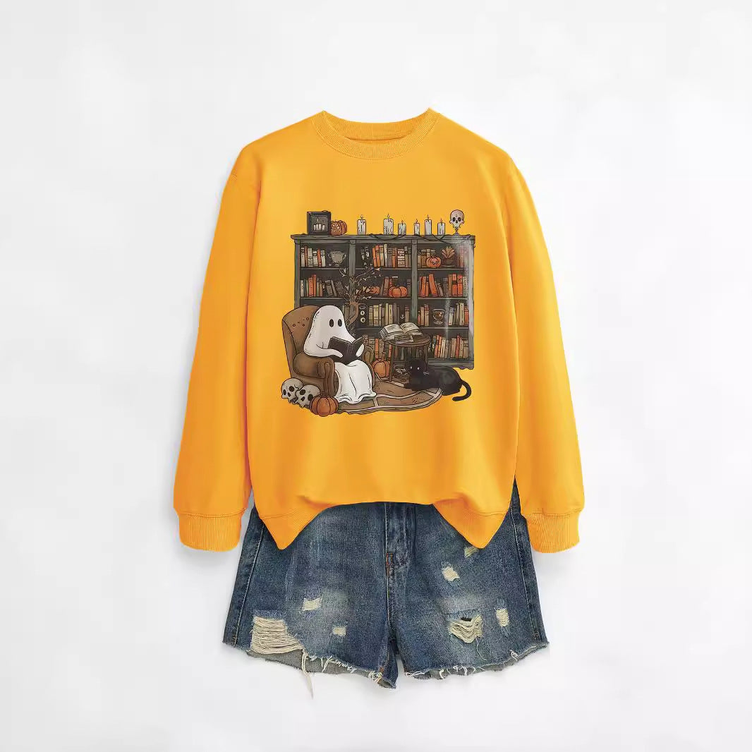 Printed Bookshelf Ghost Black Cat Round Neck Sweater