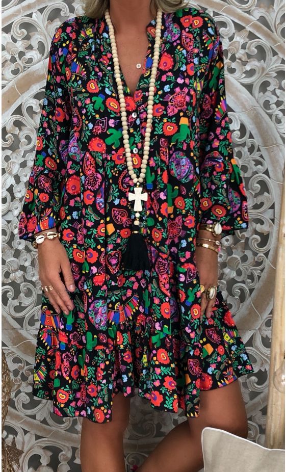 Printed Pointed Collar Button Ruffled Loose Dress