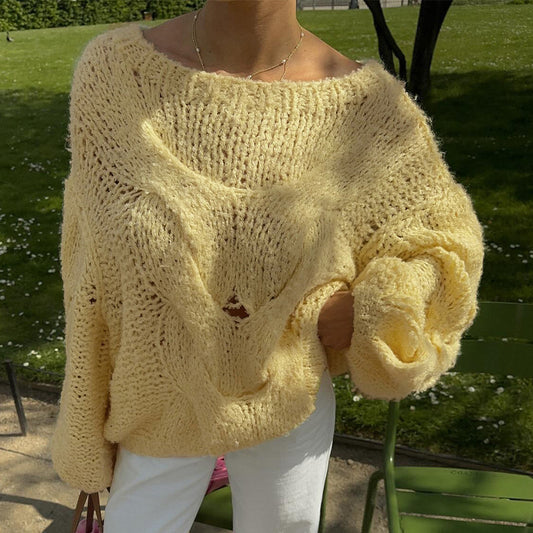 Solid Color Round Neck Cable-knit Sweater
