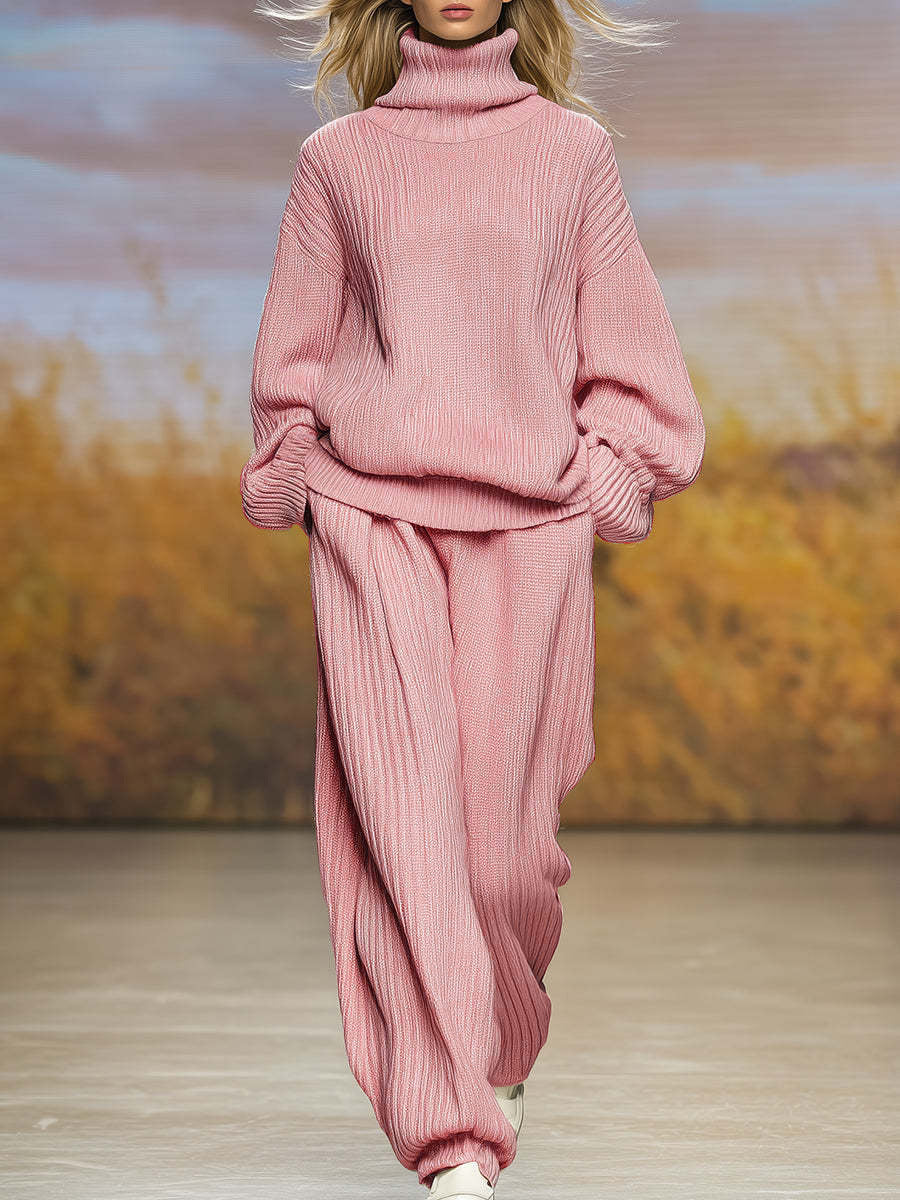 Knitted Loose Fitting Turtleneck And Wide Leg Pants Set
