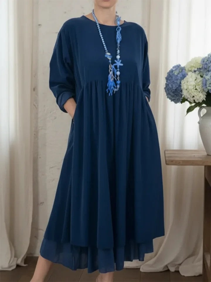 Womens Crew-Neck Double-Layer Patchwork Long-Sleeve Dress