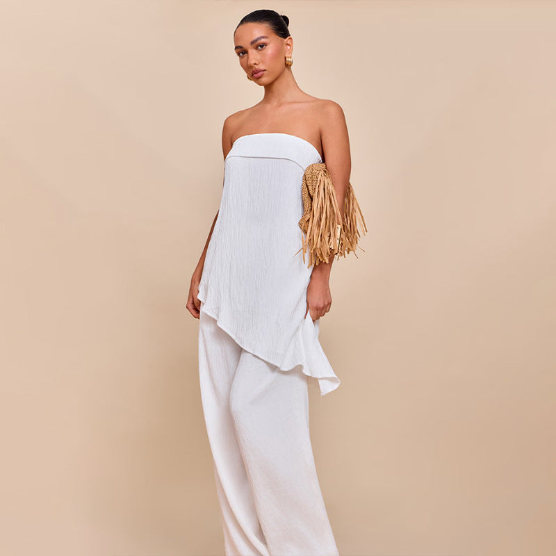 Womens Elegant Sexy Casual Loose Tube Top And Ice Silk Pleated Solid Color Straight Pants Set