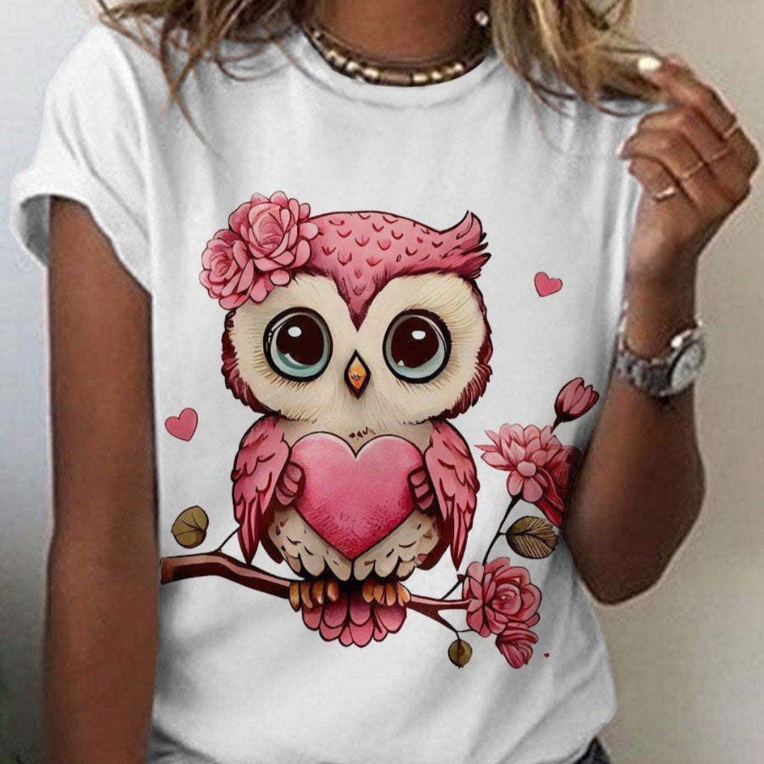 Cute Owl Pattern 3D Printed Round Neck Short Sleeve