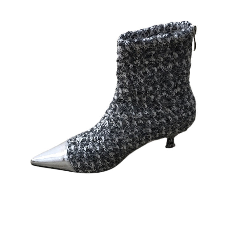 Fashion Wind Felt Material Pointy Color Combination Small Fragrance Wind Ankle Boots Female