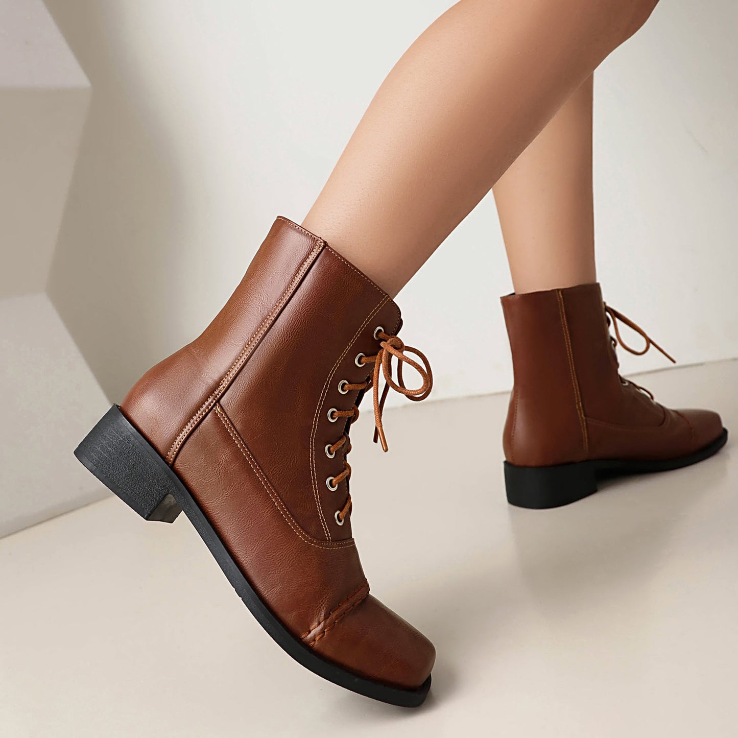 Womens Comfortable Lace-Up Square-Toe Outdoor Motorcycle Boots