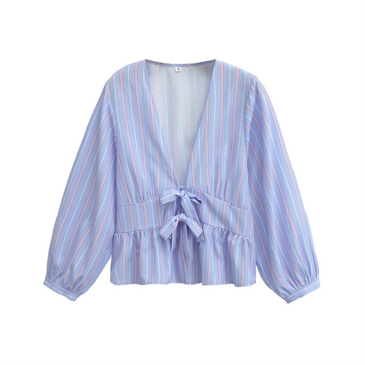 European And American Style French Fashion Design Bowknot Decoration Striped Shirt