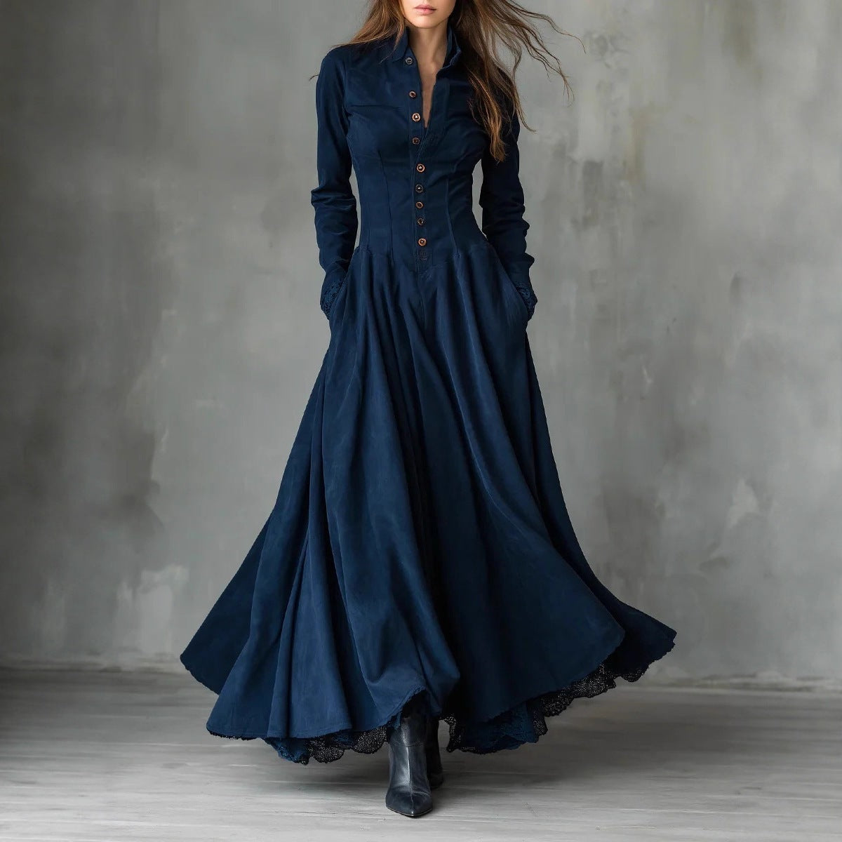 Retro Faux Suede Lace-Trimmed Patchwork Shirt Dress