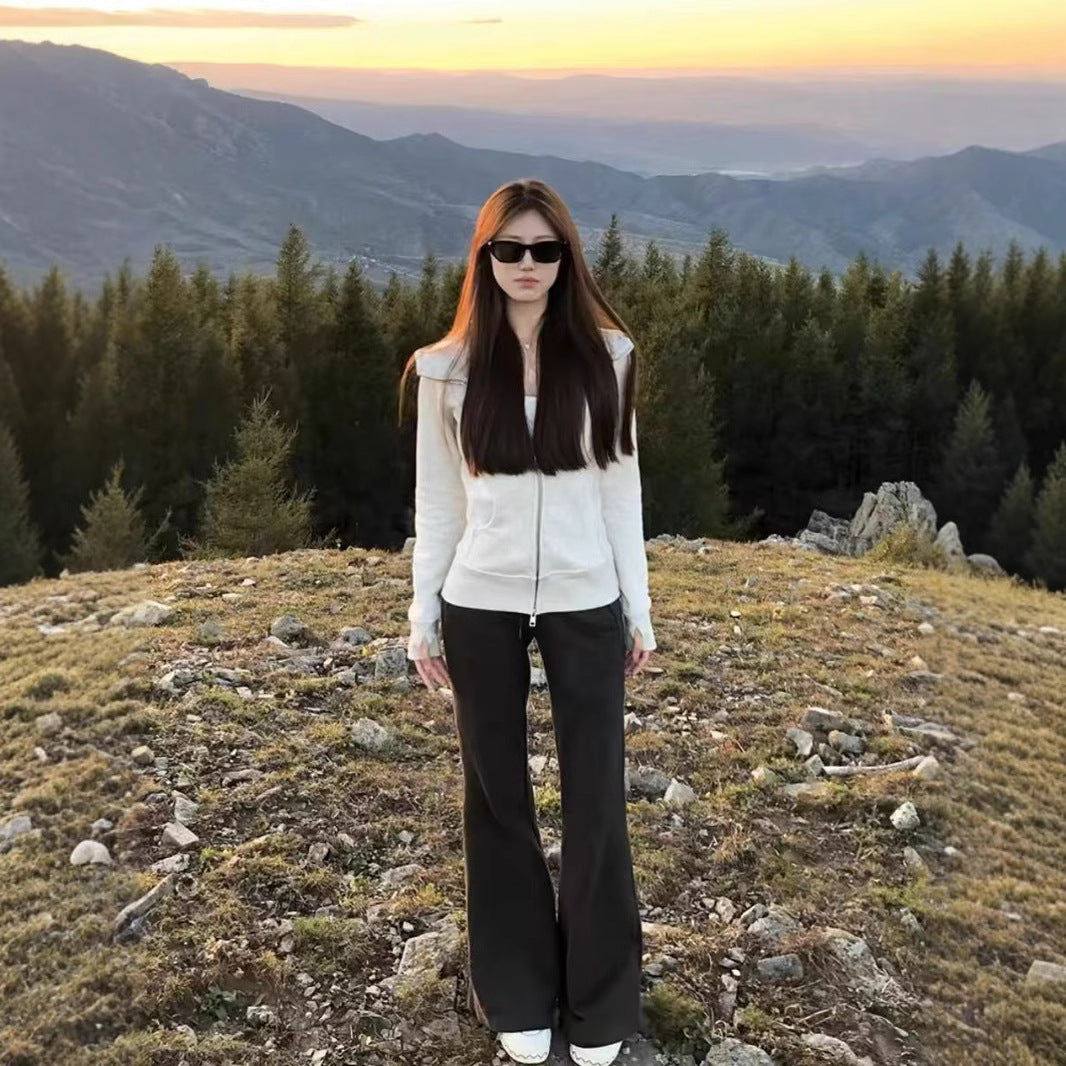 With Finger Buckle Hooded Slim Fit Waist Trimming Coat Zipper Cardigan Sweater