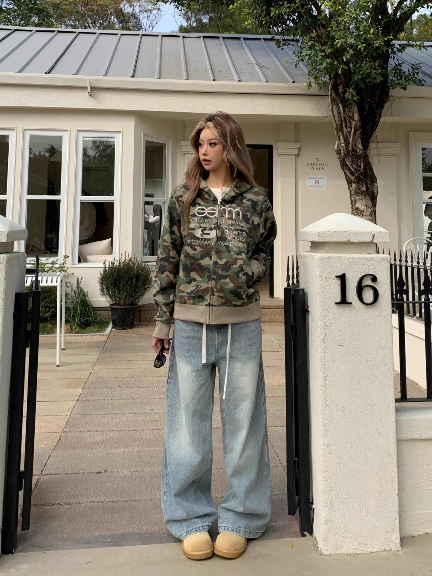 Women's Cardigan Retro Alphabet Camouflage Hooded Short Sweater Jacket