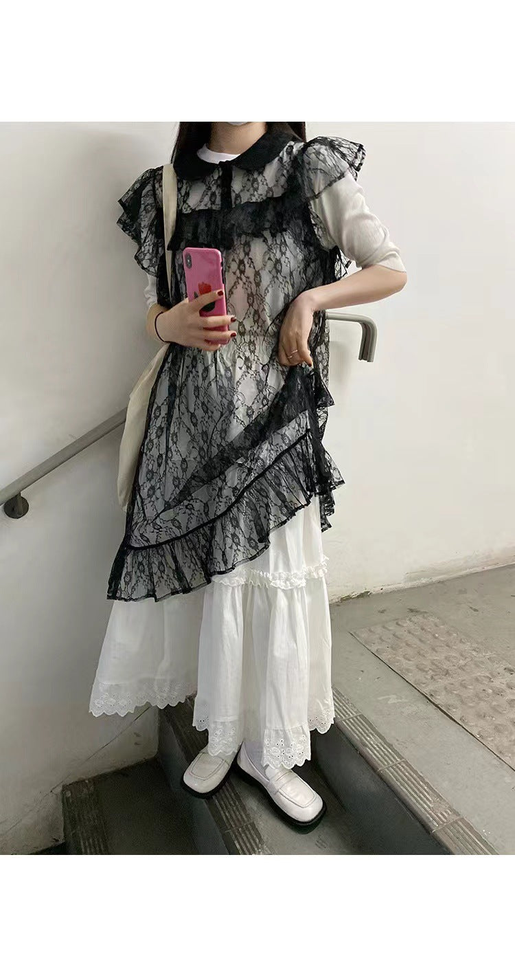 Spring White Lace Trim Tiered Skirt