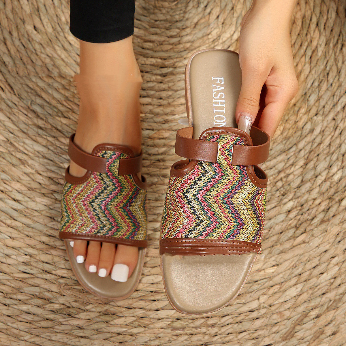 Women's Vintage One Strap Woven Flat Heel Shoes