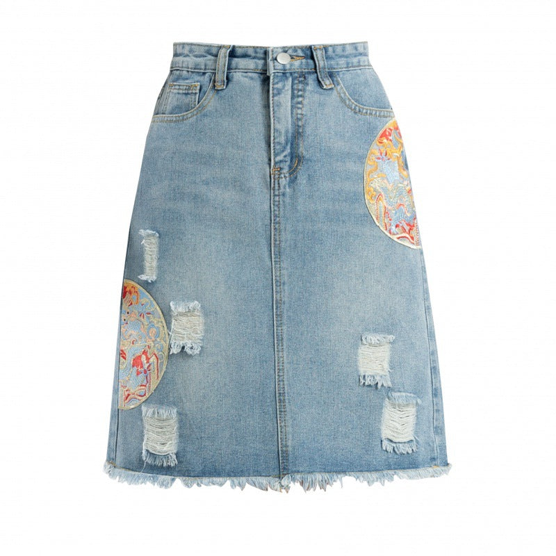 New Chinese Embroidery Denim Skirt A- Line Skirt Buckle