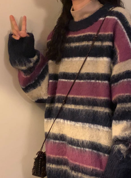 Retro Loose Contrast Color Striped Idle Style Round Neck Sweater