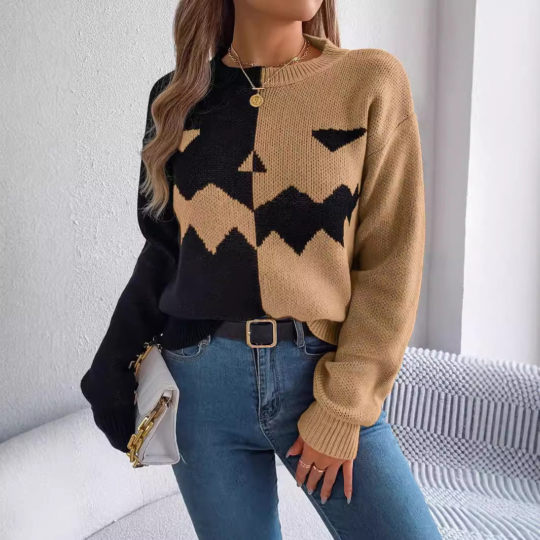 Ghost Pumpkin Contrast Color Long Sleeves Pullover