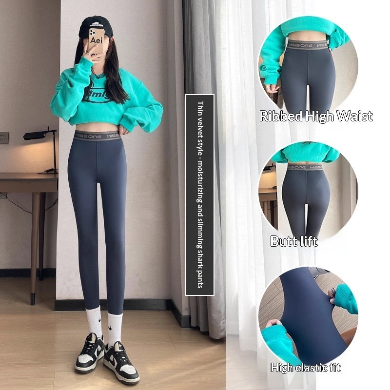 High-stretch Shark Pants Made From Thickened Coral Fleece Fabricslim-fit Warming Leggings Perfect For Autumn