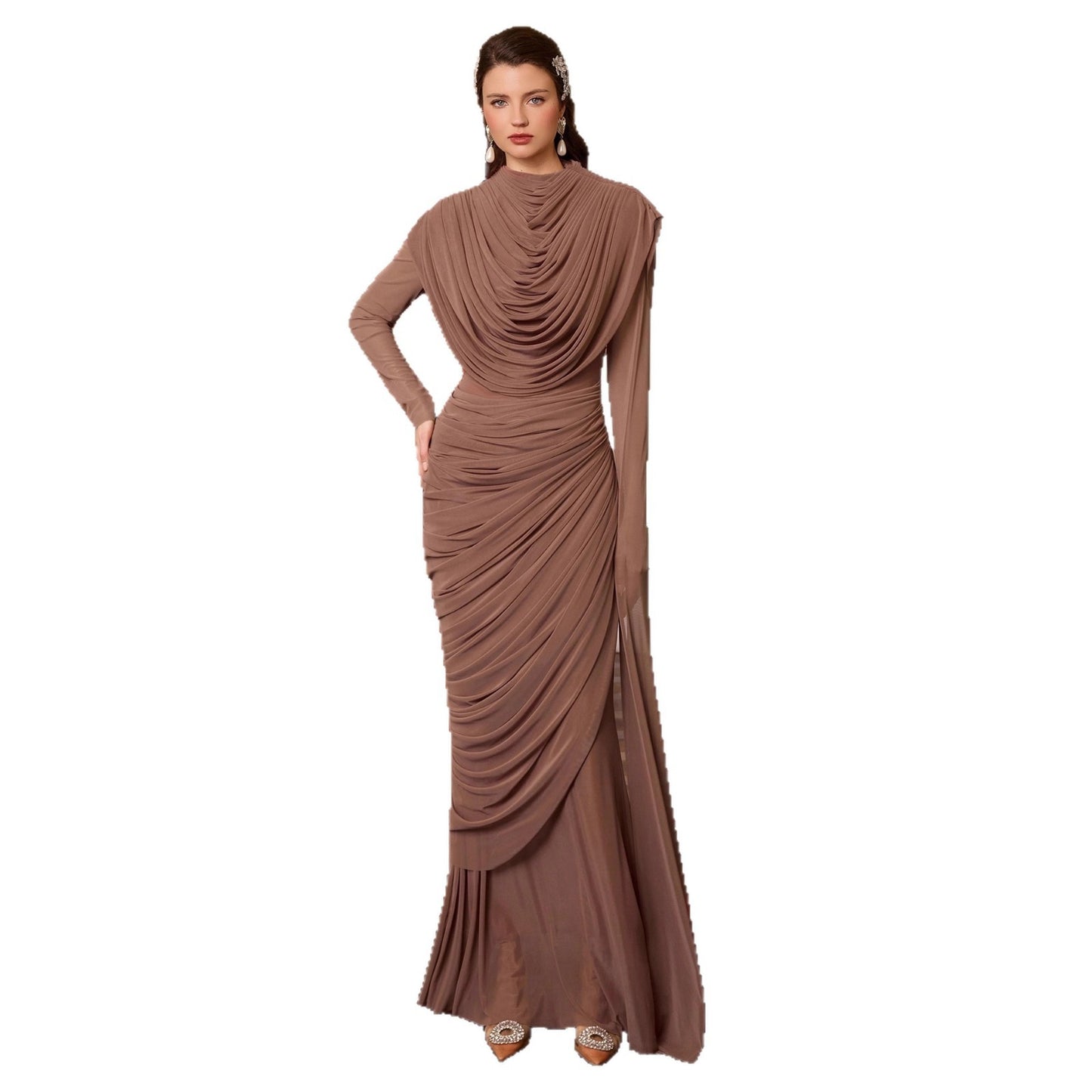 New Stylish Chiffon Wrap Dress With A Pleated Cinched Waist And Long Sleeves