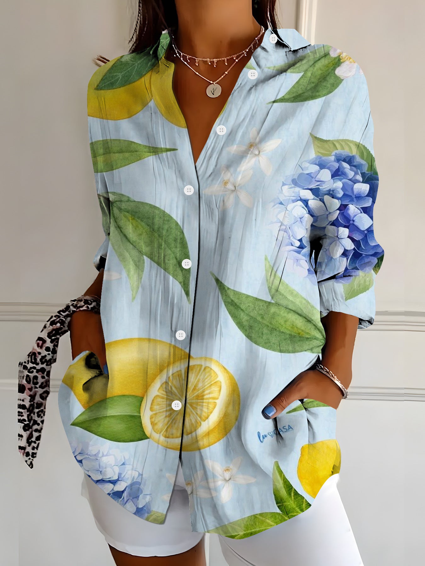 Womens Vibrant Colorful Floral-patterned Long-sleeve Shirt