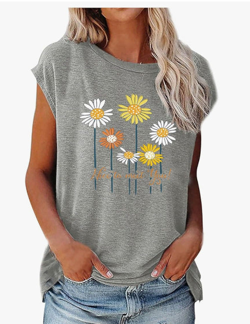 Kvinders 3D Digital Print Bomuldslignende Blomst Multi-element Kortærmet