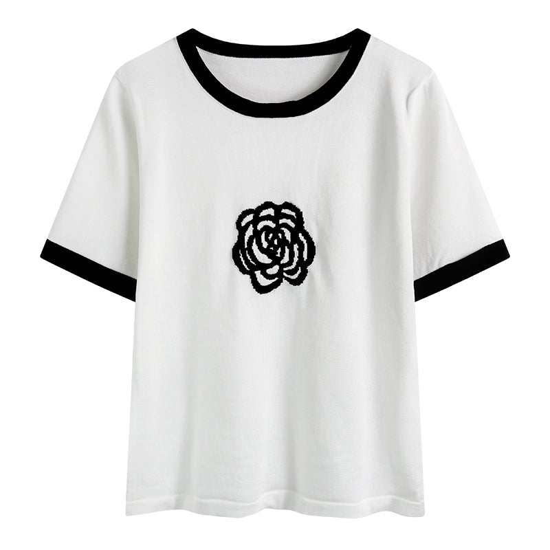 Women's White Small Flower Front Shoulder Knitted Short Sleeve T-shirt