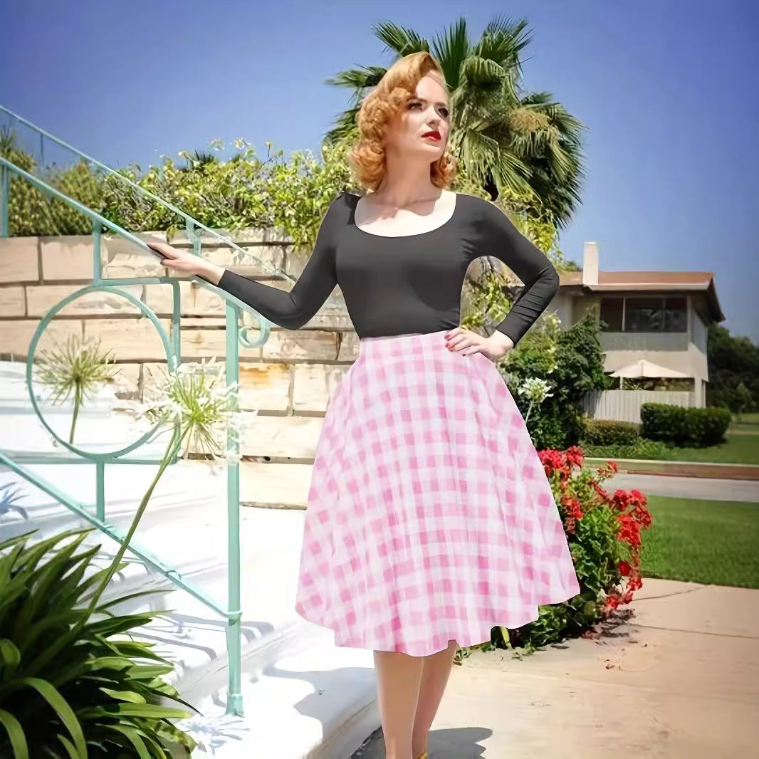 Plus Size Skirt Plaid Large Swing High Waist A- Line Skirt