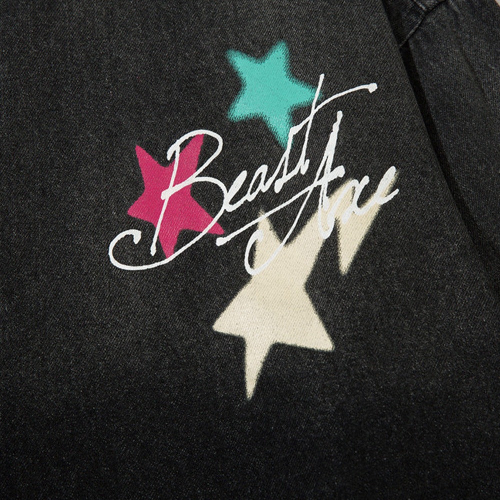 Trendy Design Five-pointed Star Letter Printing Denim Shirt