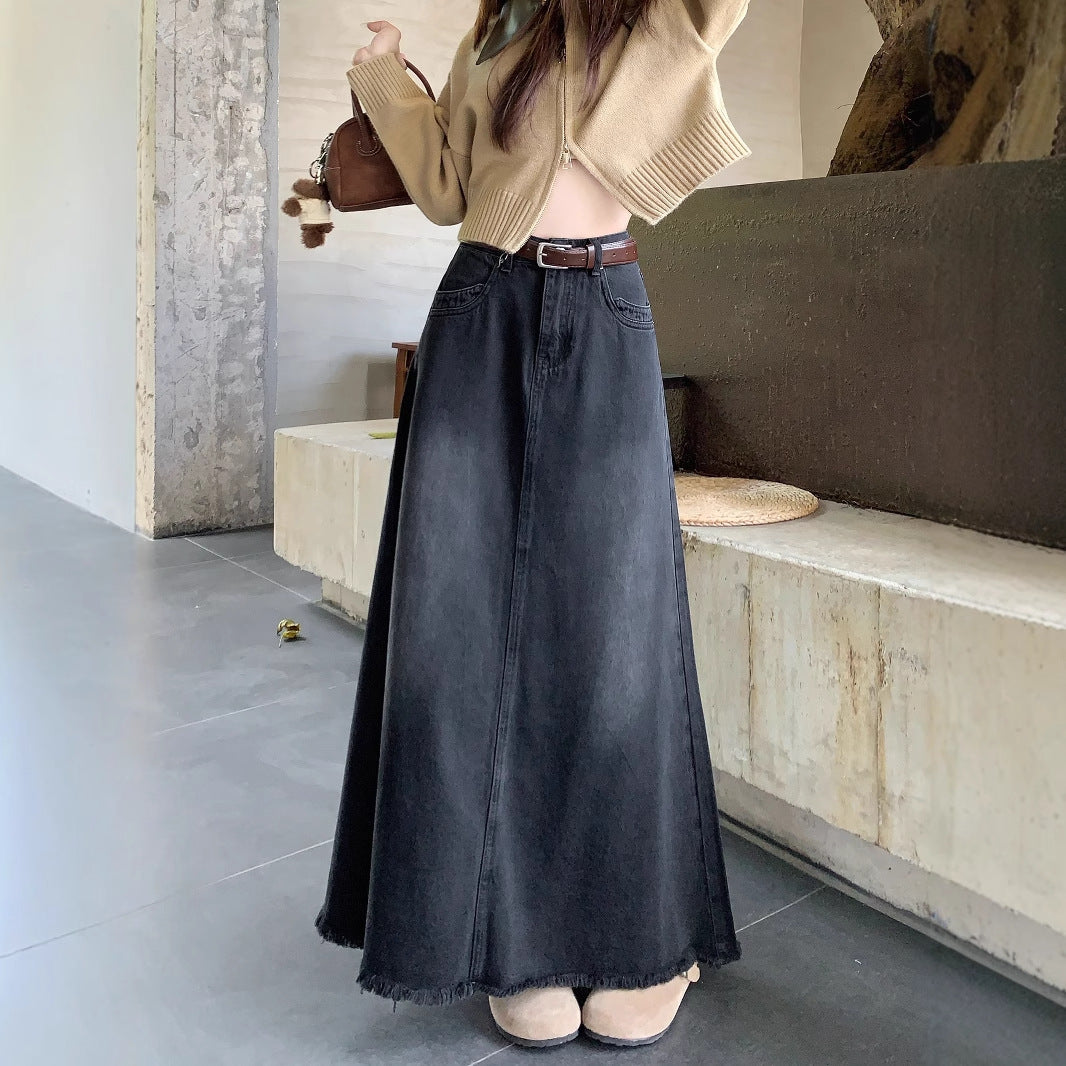 Spring And Autumn Korean Style High Waist Denim Midi Skirt Women's Retro Washed Frayed Edges