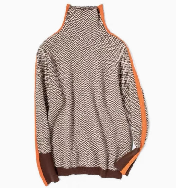 Plisseret Jacquard Turtleneck Sweater Languid Basis Striktrøje Til Kvinder
