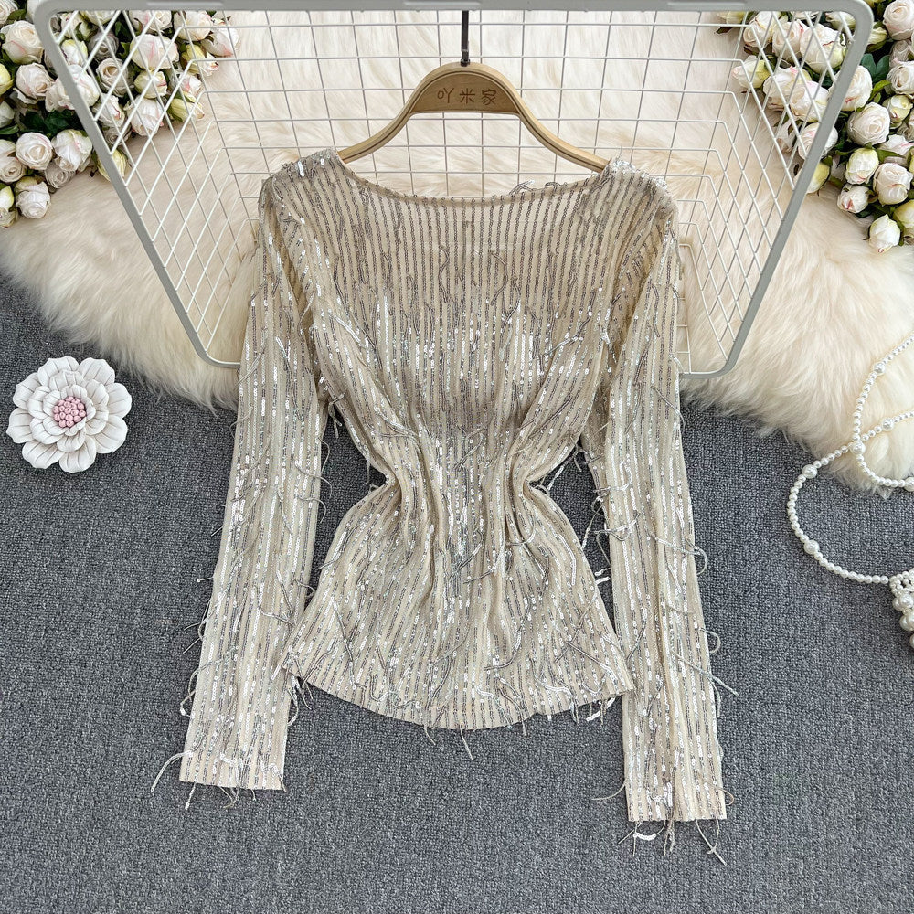 Womens Casual Loose Top With Round Neck Tassels And Sequins