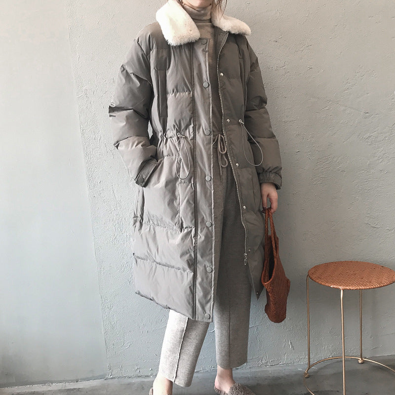 Rabbit Fur Collar Waist Drawstring Long Warm Cotton Jacket