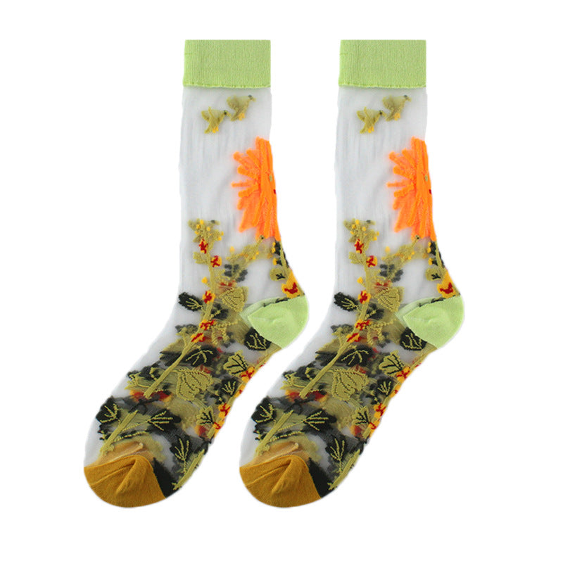 Thin Mid Tube Fashion Style Flower Forest Glass Stockings