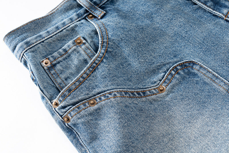 Make Straight Slim Jeans With Washed Old Blue Stitching