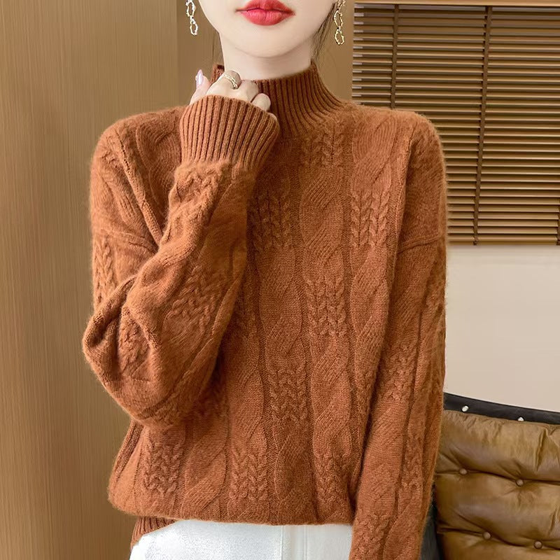 Female Solid Color Thickened Jacquard Turtleneck Wool Sweater