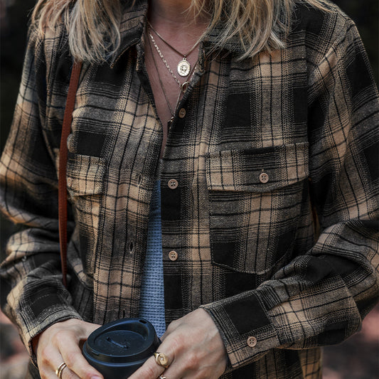 Women's Multi-color Retro Plaid Double-layer Flip Pocket Shirt