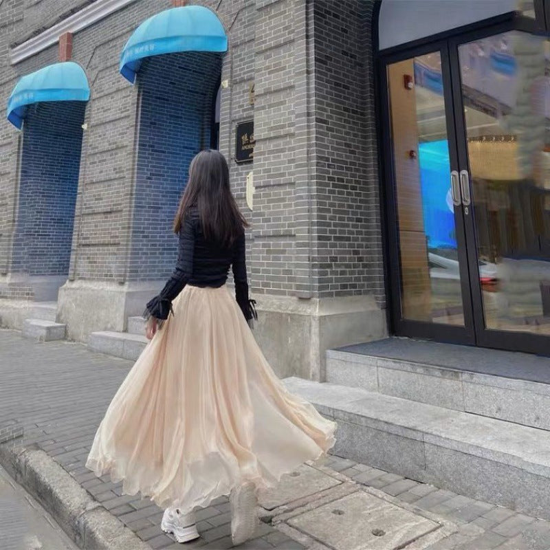 Oversized Wave Edge Gold Silk Chiffon Sparkling Pearl Skirt