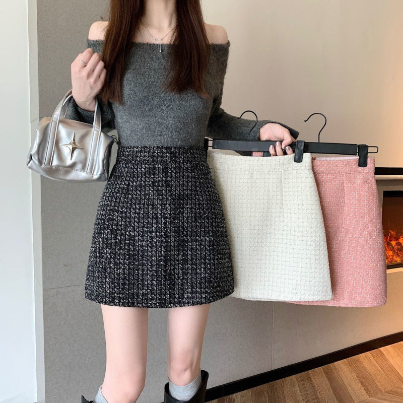 Tweed Classic Style Hip Skirt Small High Waist A- Line Skirt Women's Skirt