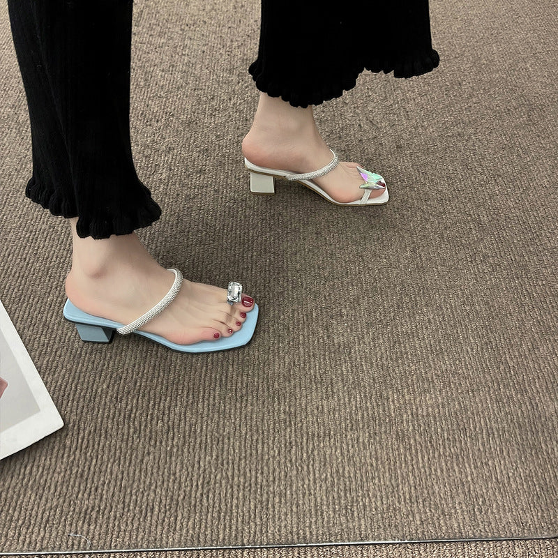 Fashion Tribe Rhinestone High-heeled Slippers Women's Summer Outdoor Chunky Heel Flip-flops Korean Style Ins Fashion