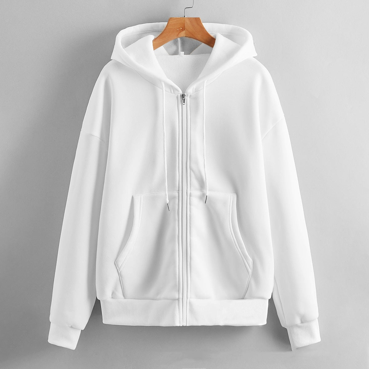 Sweater til kvinder med hætte, ensfarvet, lynlås, løstsiddende, foret frakke