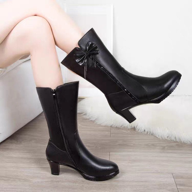 Womens Mid-Calf Fleece-Lined Leather Boots With Chunky Heels For Warmth