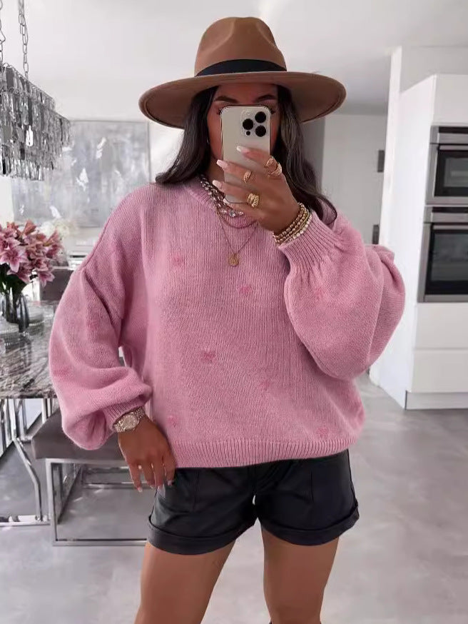 Female With Hearts Loose Sweater Pullover Long Sleeve Sweater
