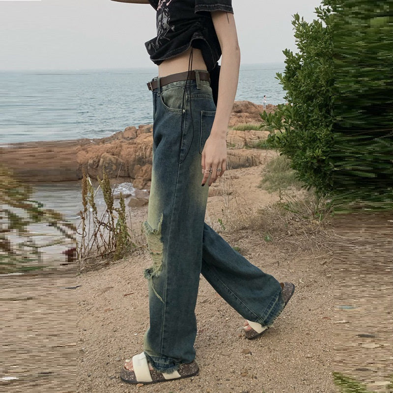 Nostalgiske Brede Løse Lige Denim Gulvlange Bukser
